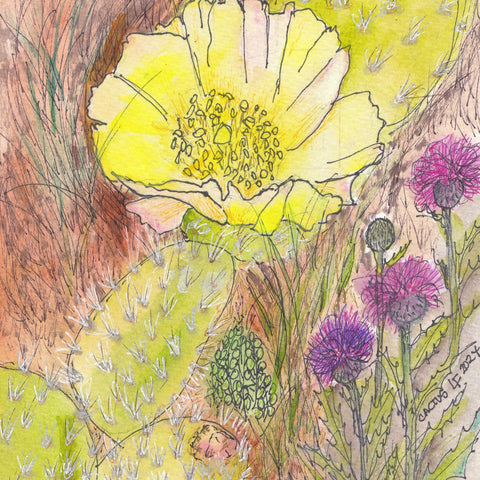 Prickly Pear Bloom with Thistles