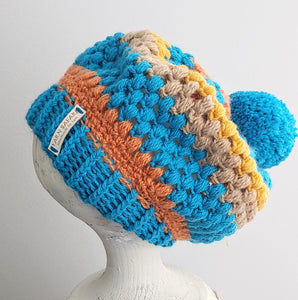 Crochet Women's Hat in Blue, Orange, Mustard