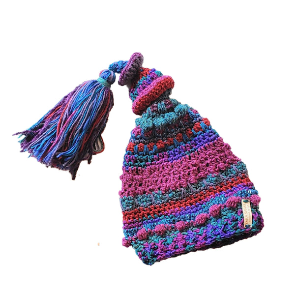 Crochet Hat in Colorful Cranberry and Blueberry Yarns